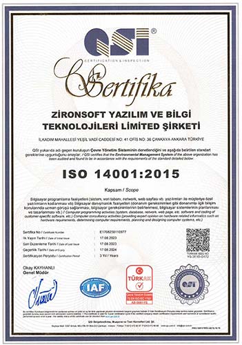 ISO 14001:2015 Kalite Belgesi - ZironSoft