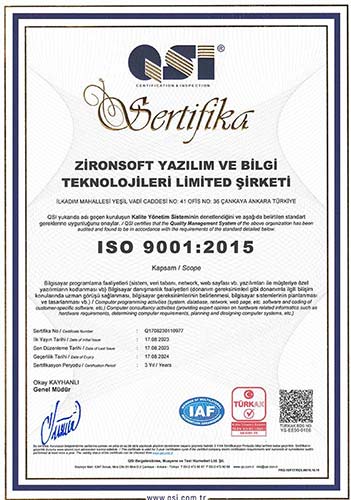 ISO 9001:2015 Kalite Yönetim Sistemi - ZironSoft